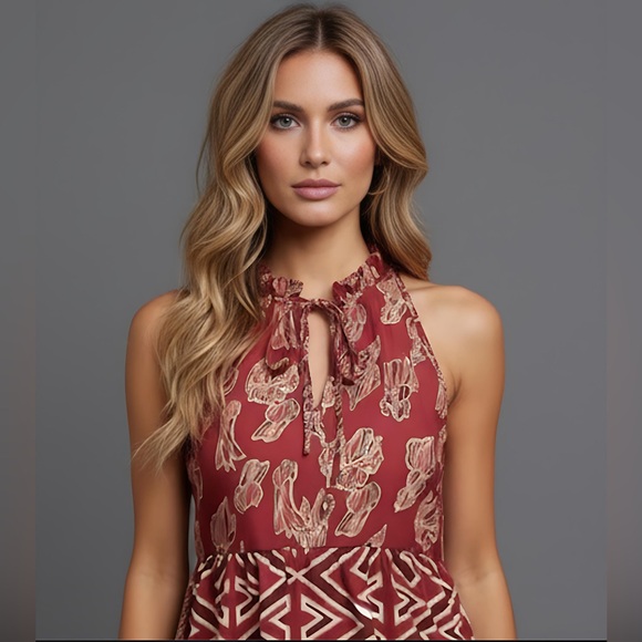 Floral Print Ruffle Hem Tie Neck Halter Dress - Picture 2 of 7